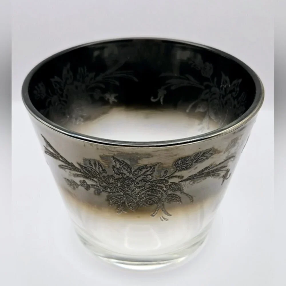 Mid Century Glass Ice Bucket With Silver Rim that Ombre Fades & Silver
